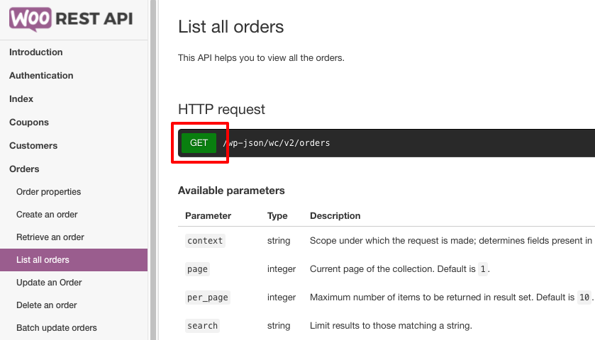 WooCommerce API request type