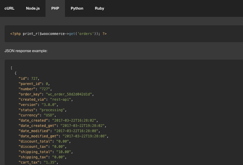 WooCommerce API docs