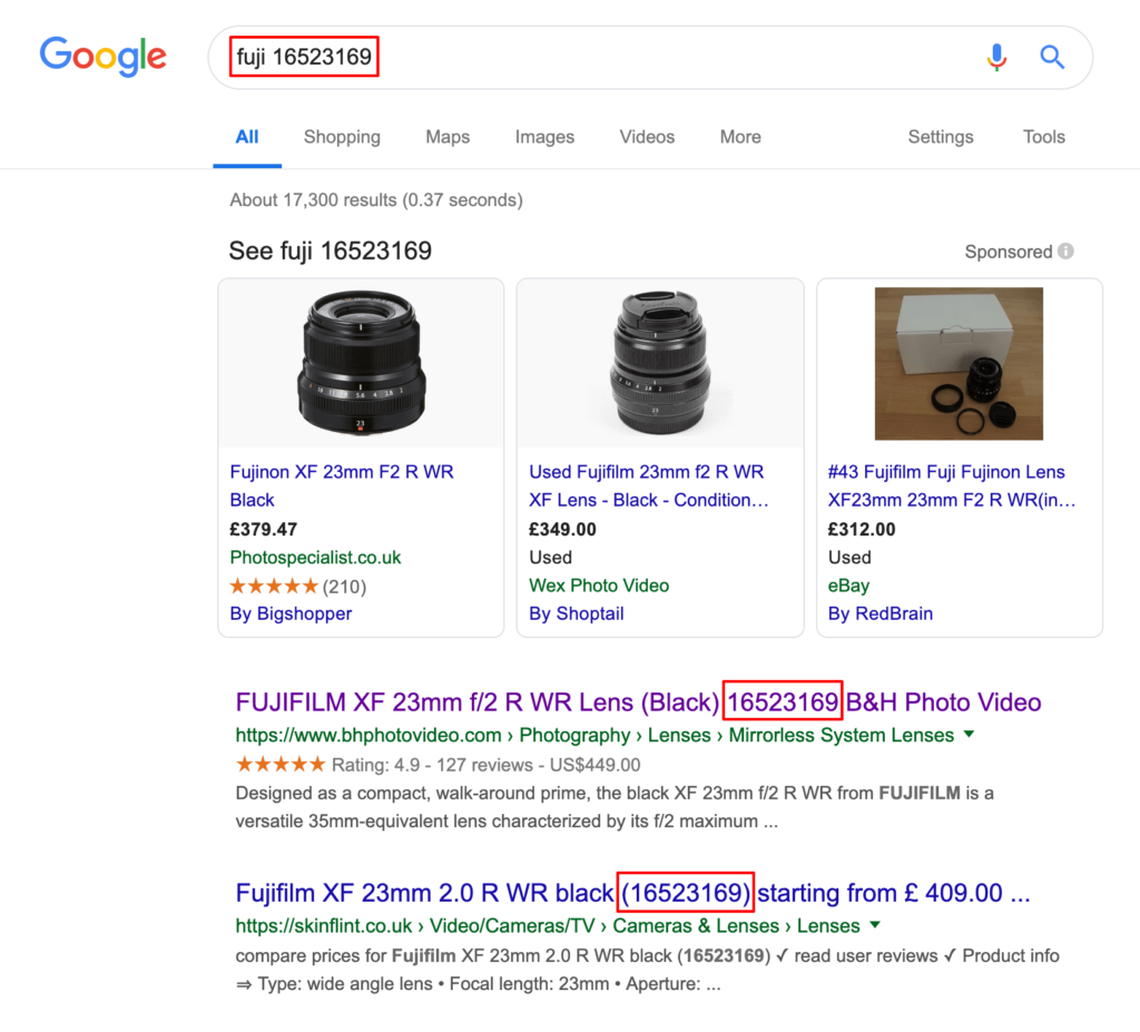 Product SKU in Google search results