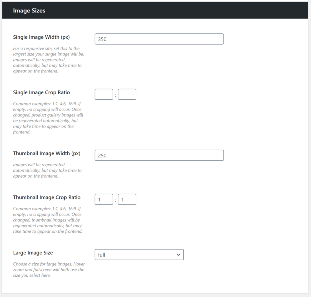Thumbnail settings in WooThumbs