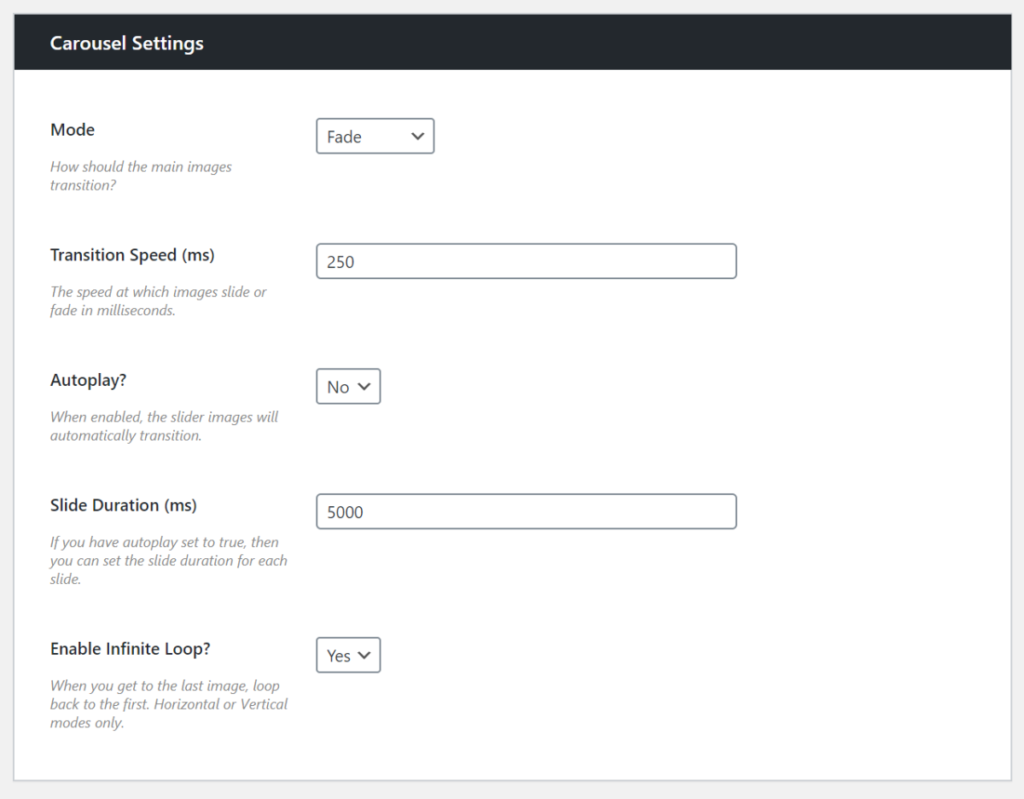 Transition effect settings in WooThumbs