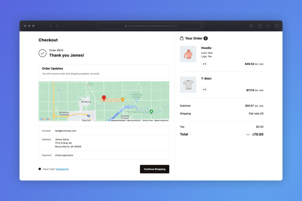flux checkout woocommerce order confirmation page