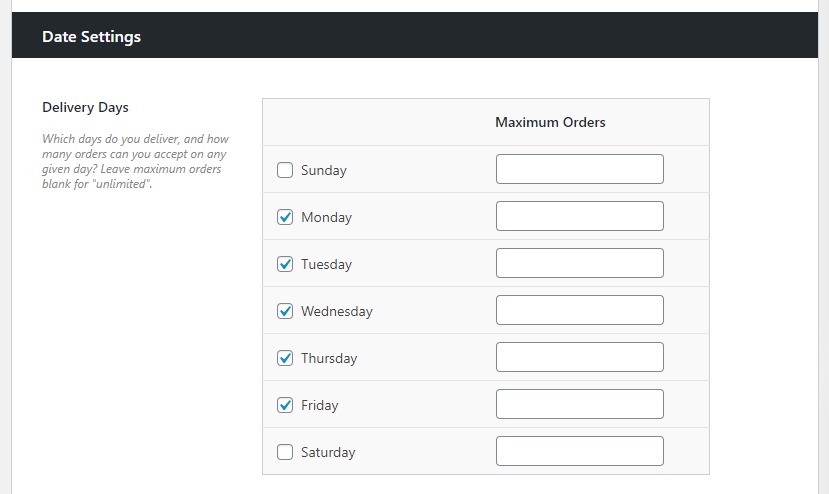 Date settings Delivery Slots