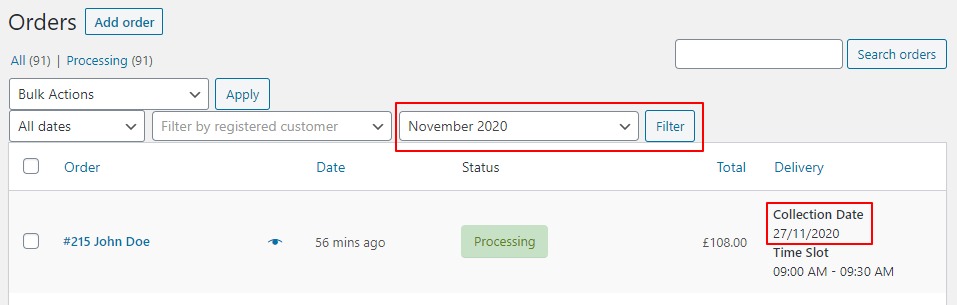 Filtered orders results
