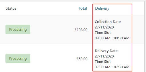 Orders page delivery column