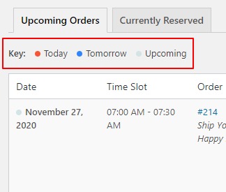 Upcoming orders color key