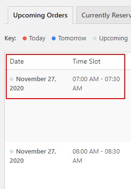 Upcoming orders date and time