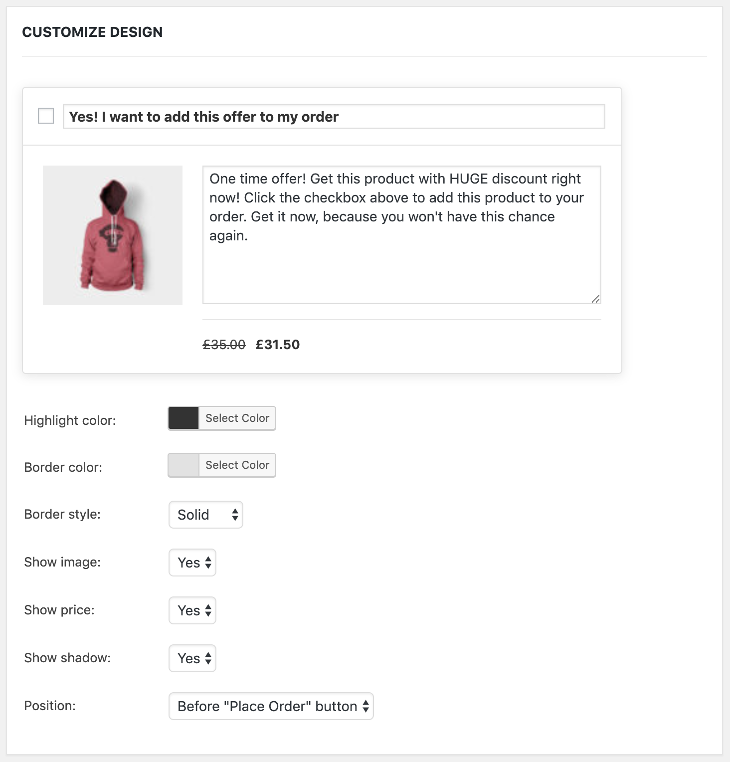 customize offer for checkout