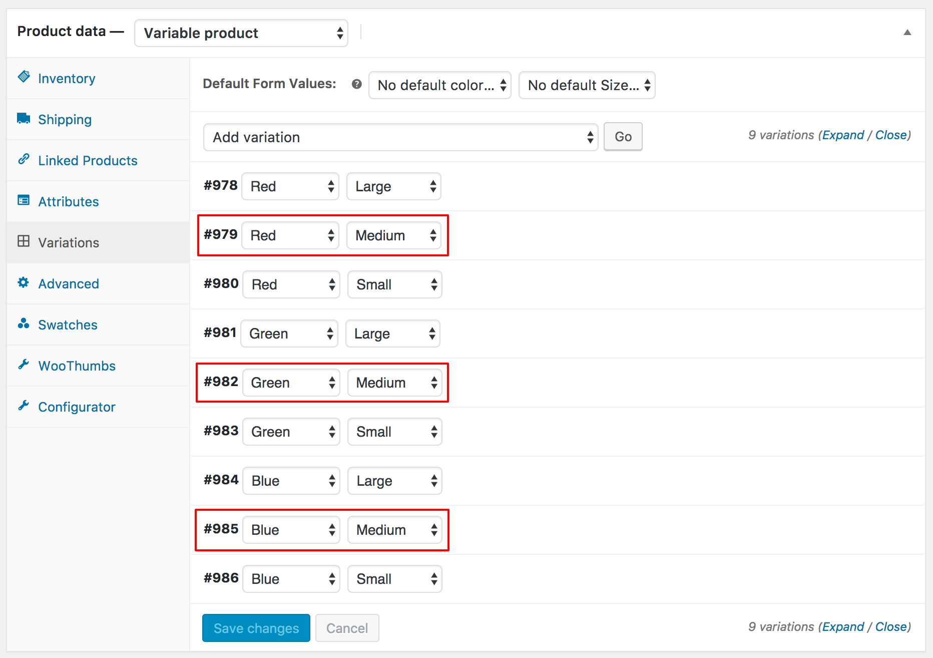 product variation combinations