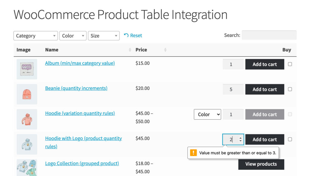 woocommerce product table quantity