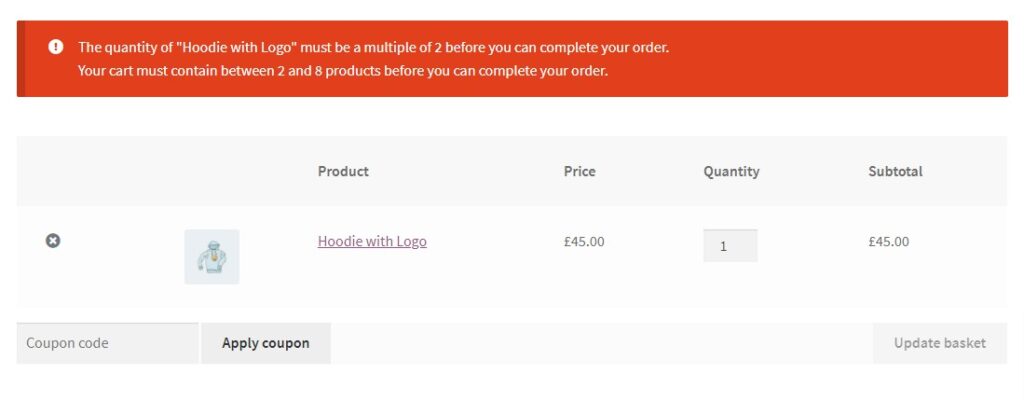 cart error quantity rules