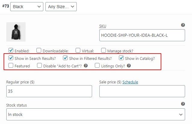 checked product options