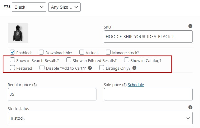 product options show single variations