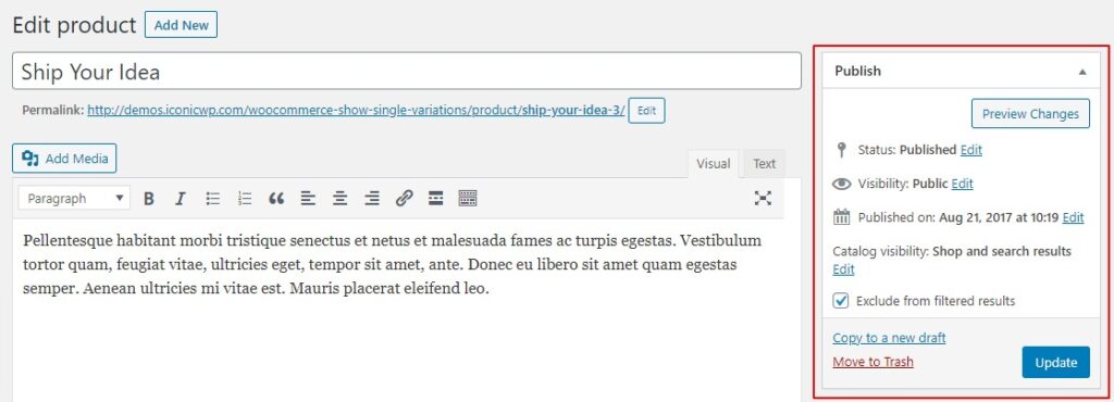 publish section woocommerce