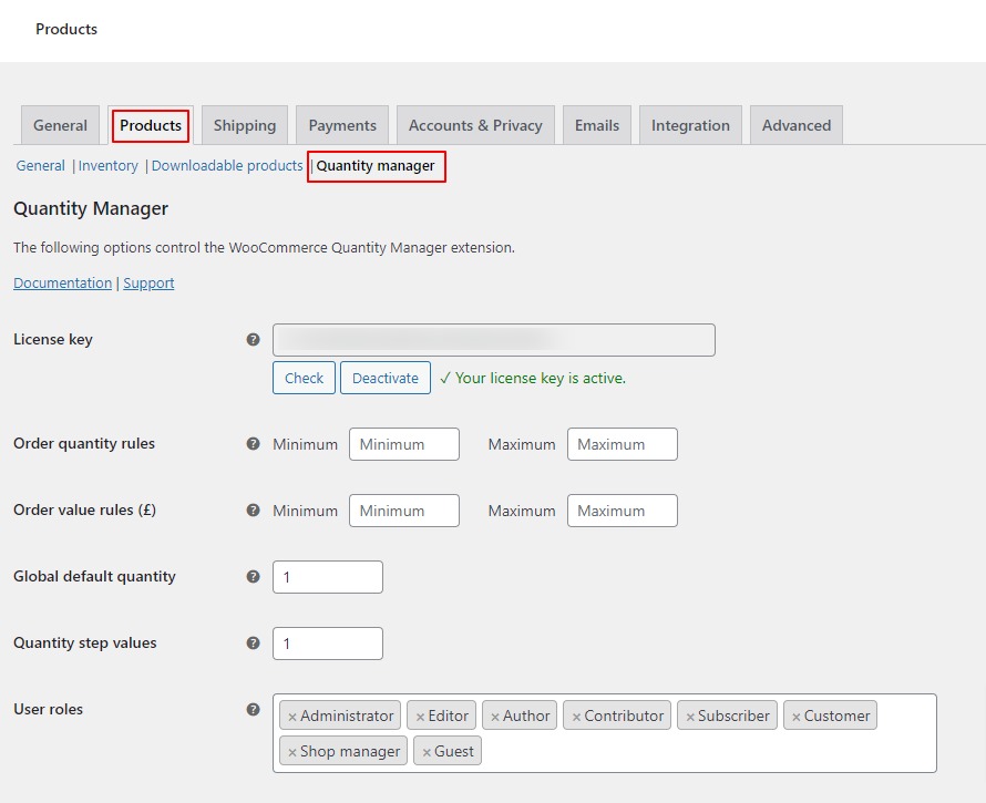 quantity manager settings tab