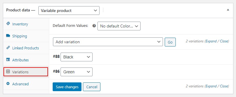variations tab woocommerce