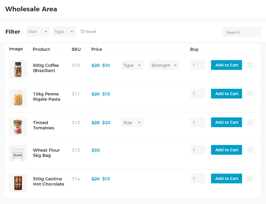 woocommerce wholesale product table