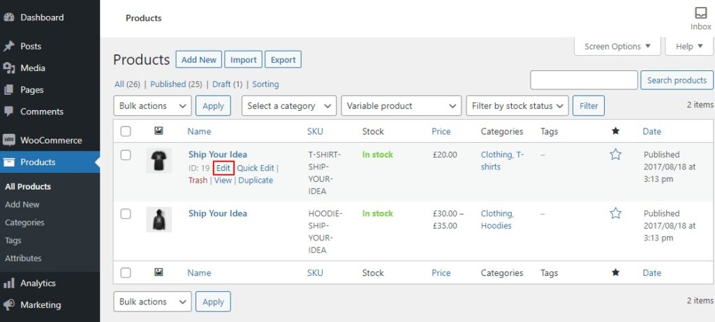edit woocommerce variation
