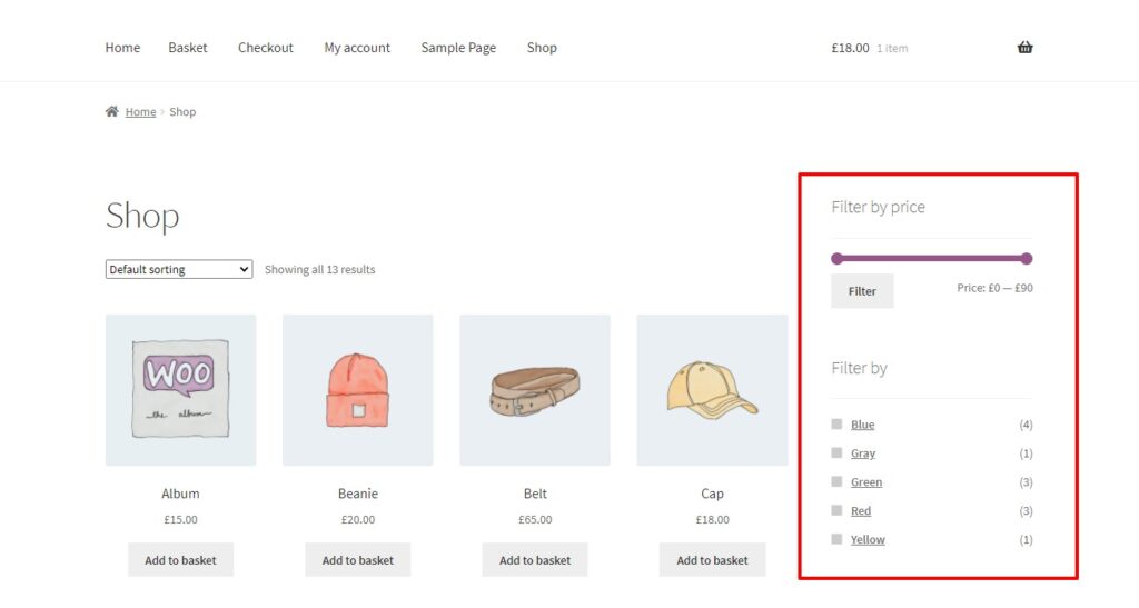 Standard WooCommerce product filters