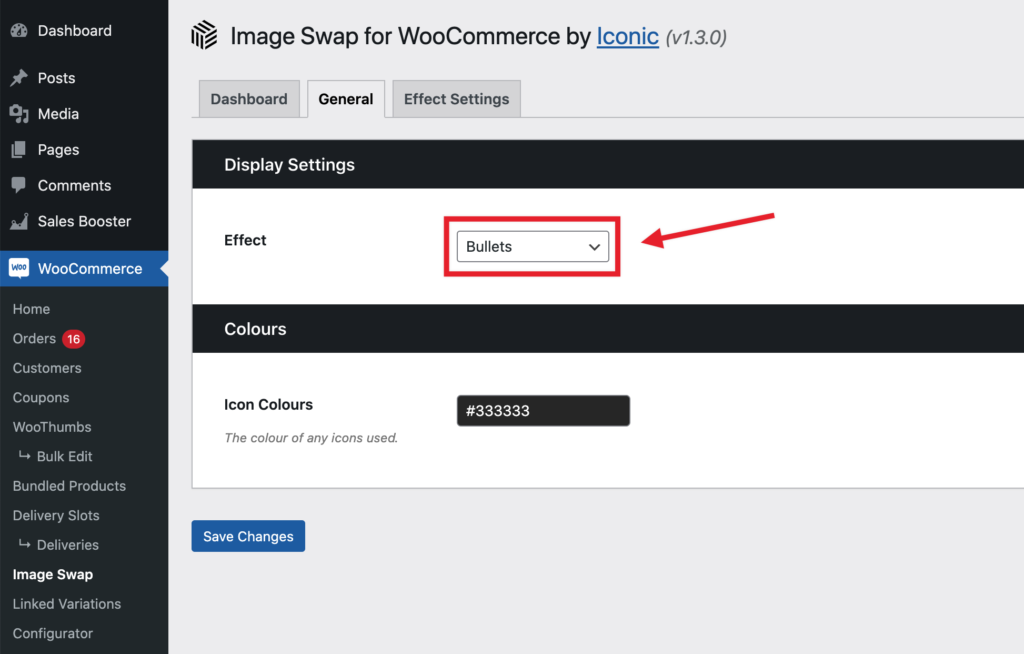 The image swap effect dropdown