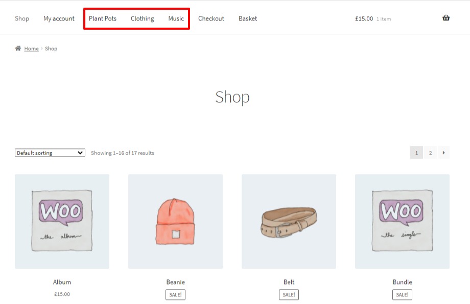 woocommerce categories in menu