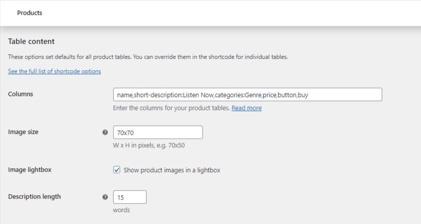 product table column info