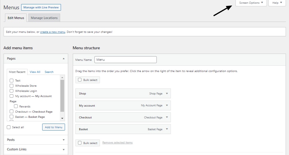 screen options button