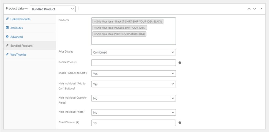 bundled product settings