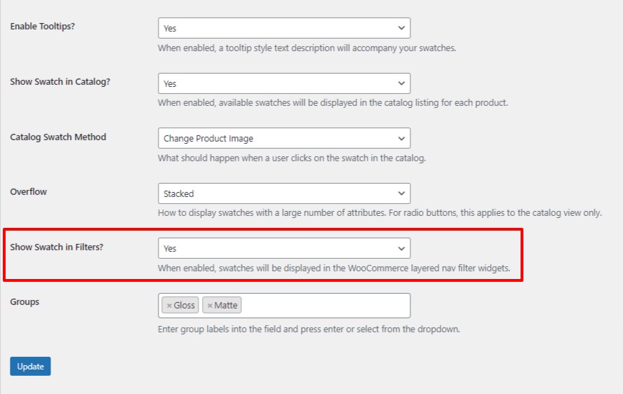 show swatch in filter