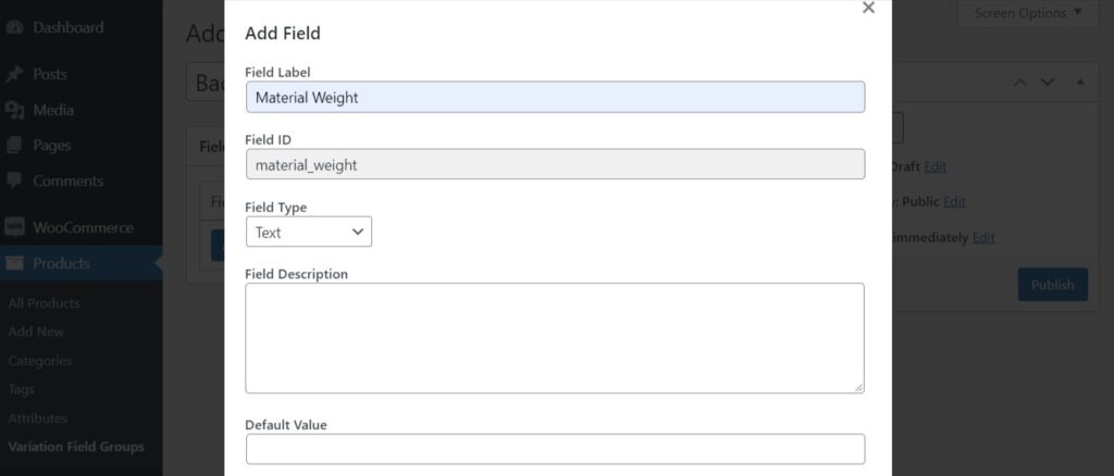 variation field woocommerce