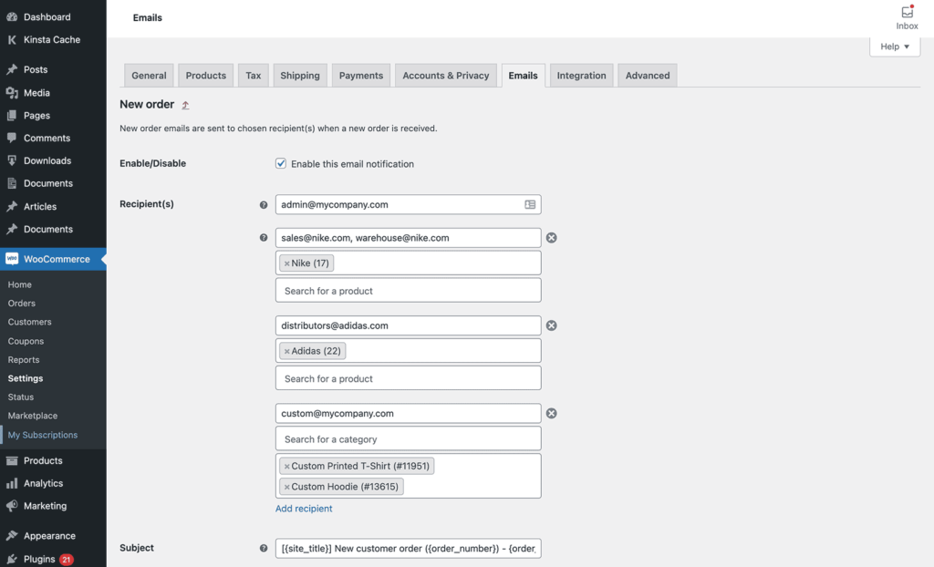 additional admin emails woocommerce