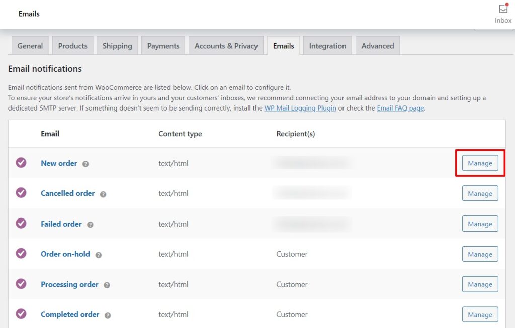 manage admin emails woocommerce