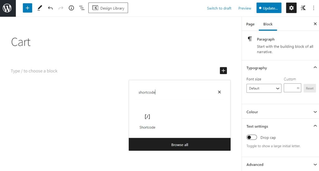 add a shortcode block to a page