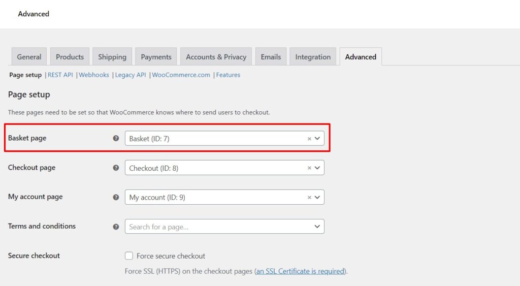 cart page settings WooCommerce