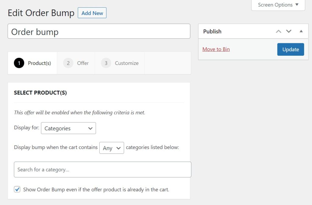 Order bump category selection