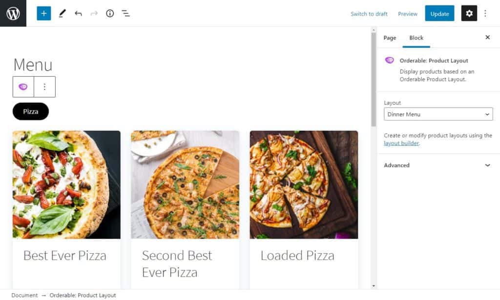 product menu layout wordpress