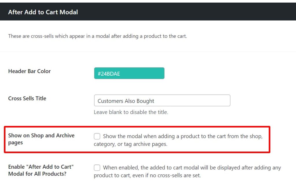 after cart modal settings