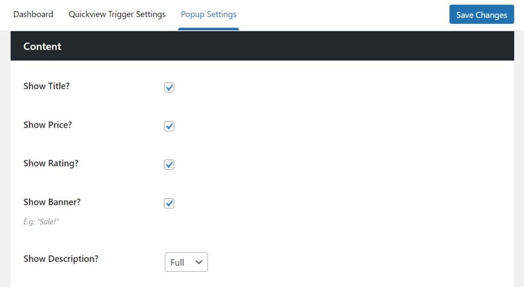 content quickview settings