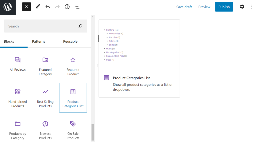 Product categories list WooCommerce