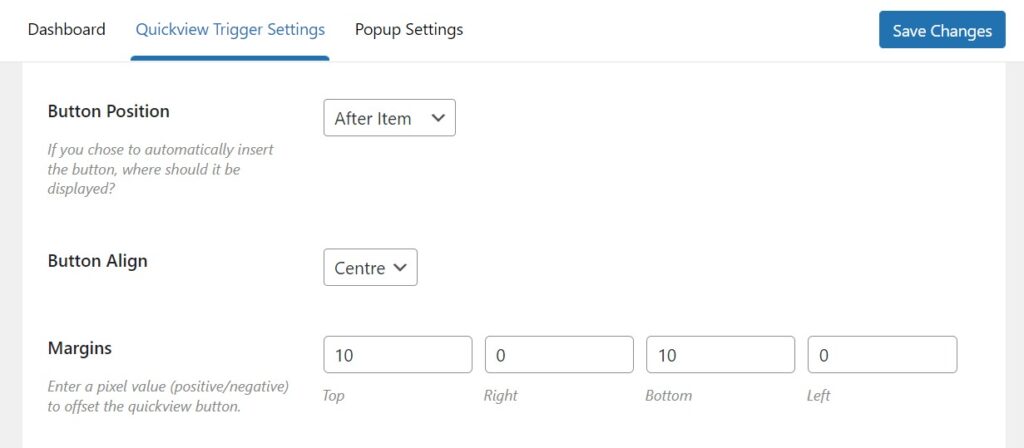 quickview button settings