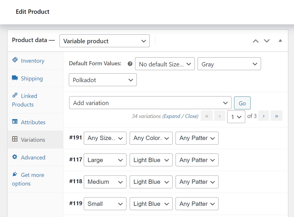 variable product woocommerce