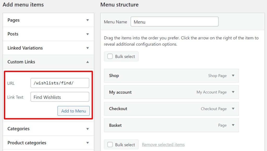find wishlists menu link