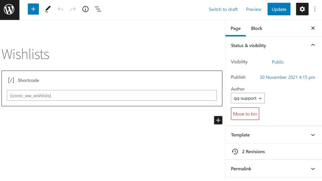 add wishlist shortcode to page