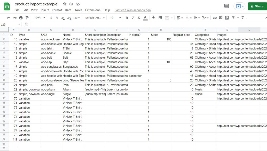example csv file woocommerce