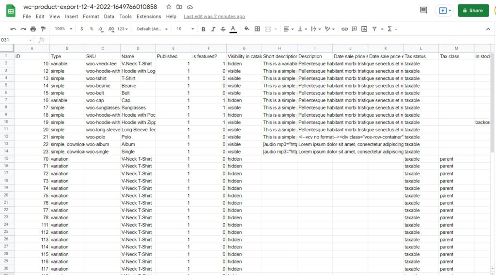 exported CSV file WooCommerce