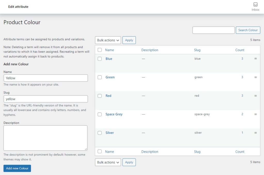 add new color attribute woocommerce