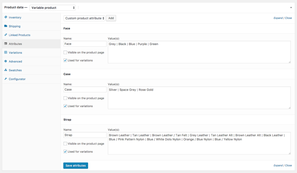product configurator attributes