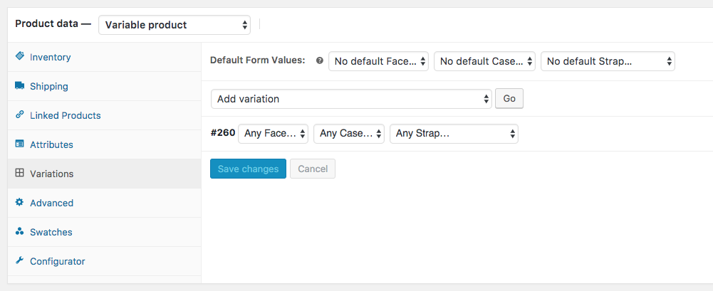 product configurator create variations