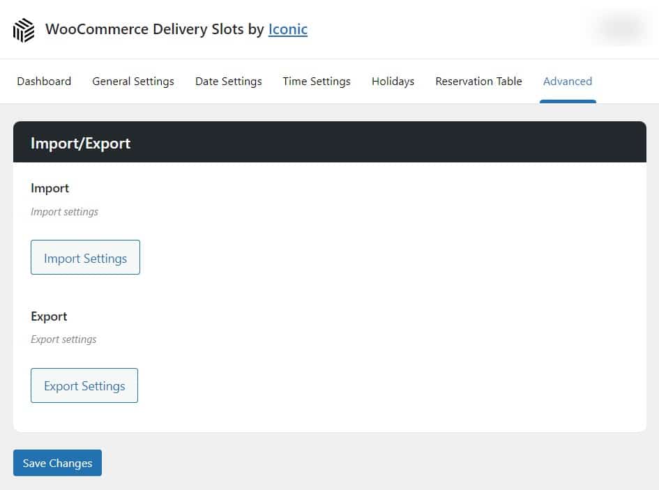 import export settings delivery slots