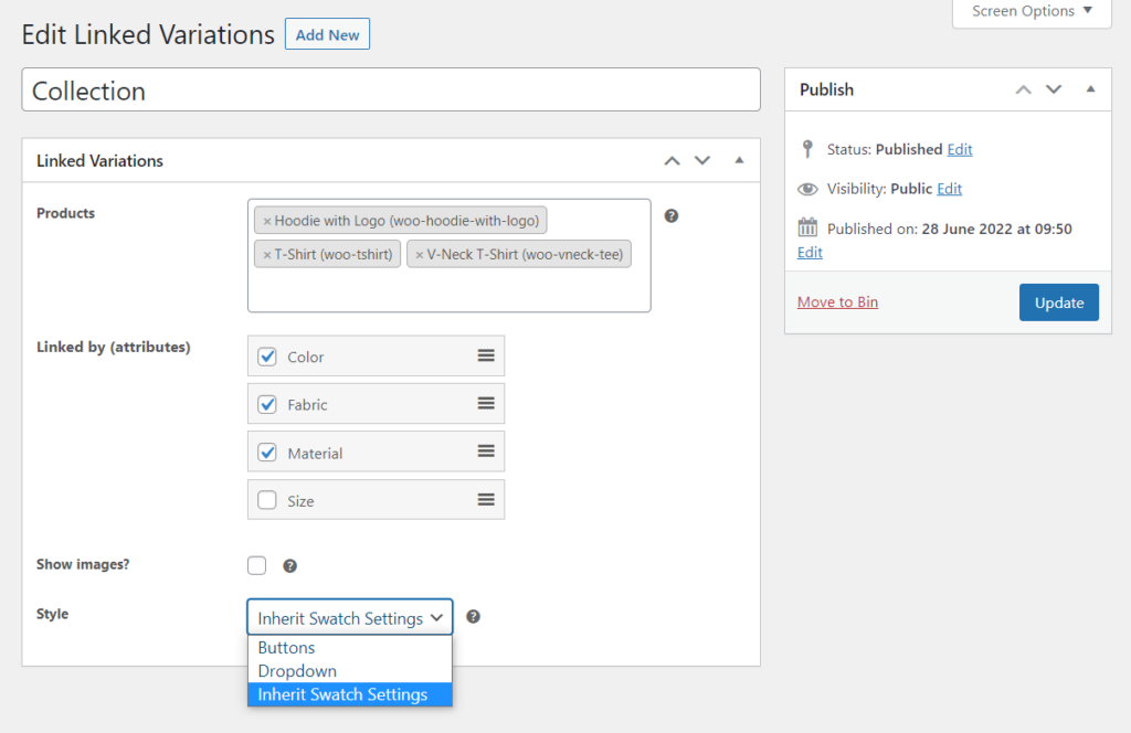 linked variation swatch settings